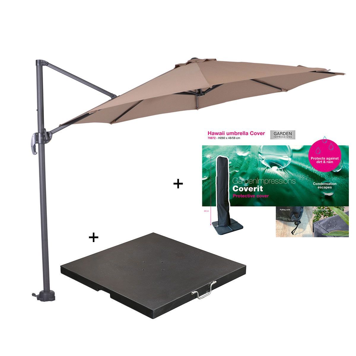 Garden Impressions zweefparasol Hawaii S taupe Ø300 cm incl 80 kg voet