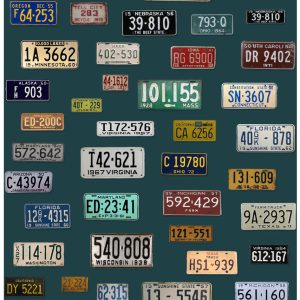 ESTAhome XXL behang vintage license plates petrolblauw – 50 x 900 cm –