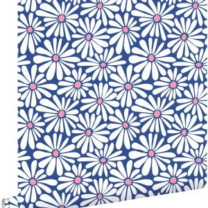 ESTAhome behang madeliefjes blauw en roze – 53 cm x 10.05 m – 131150