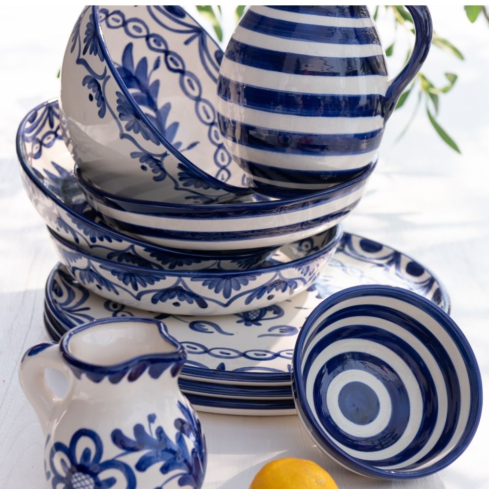 J-Line kom Granada Stripes Low - keramiek - wit/blauw - small - Ø 14 c