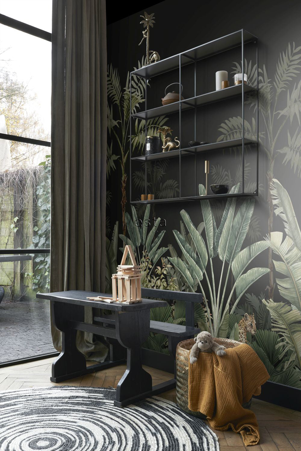 ESTAhome fotobehang jungle-motief zwart en vergrijsd groen - 300 x 279
