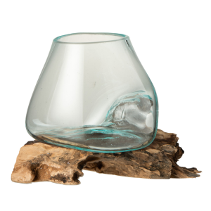 J-Line vaas op voet Gamal – hout/glas – naturel/transparant – large –