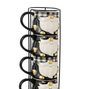 J-Line mok Kerstman Dolomiet – keramiek – zwart/wit – doos van 4