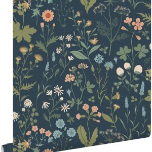 ESTAhome behang veldbloemen donkerblauw, groen en roze – 53 cm x 10.05 ESTAhome behang veldbloemen donkerblauw, groen en roze – 53 cm x 10.05