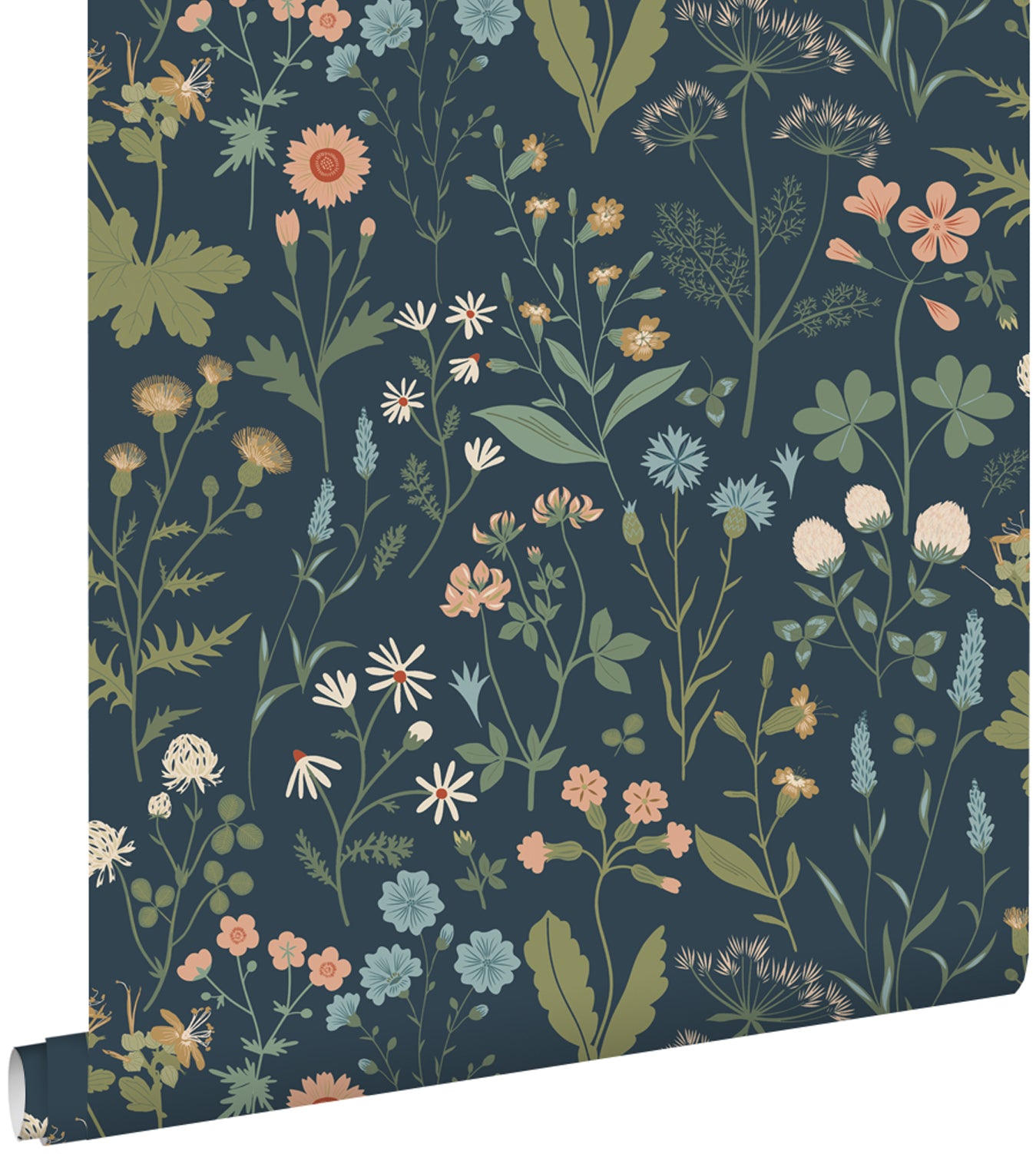 ESTAhome behang veldbloemen donkerblauw, groen en roze - 53 cm x 10.05