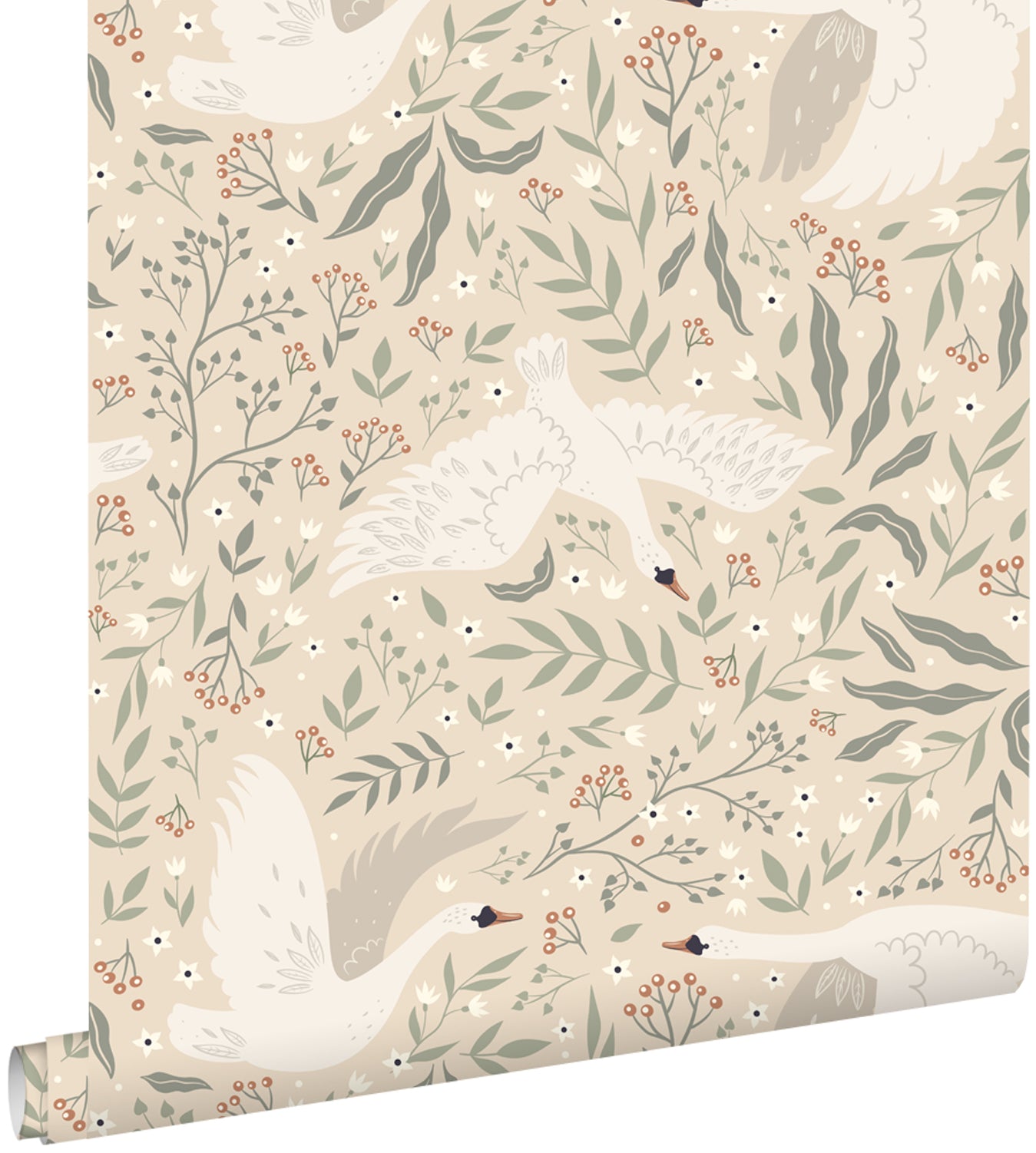 ESTAhome behang zwanen beige, wit en vergrijsd groen - 53 cm x 10.05 m
