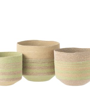 J-Line mand Strepen – riet – naturel/groen – set van 3 J-Line mand Strepen – riet – naturel/groen – set van 3