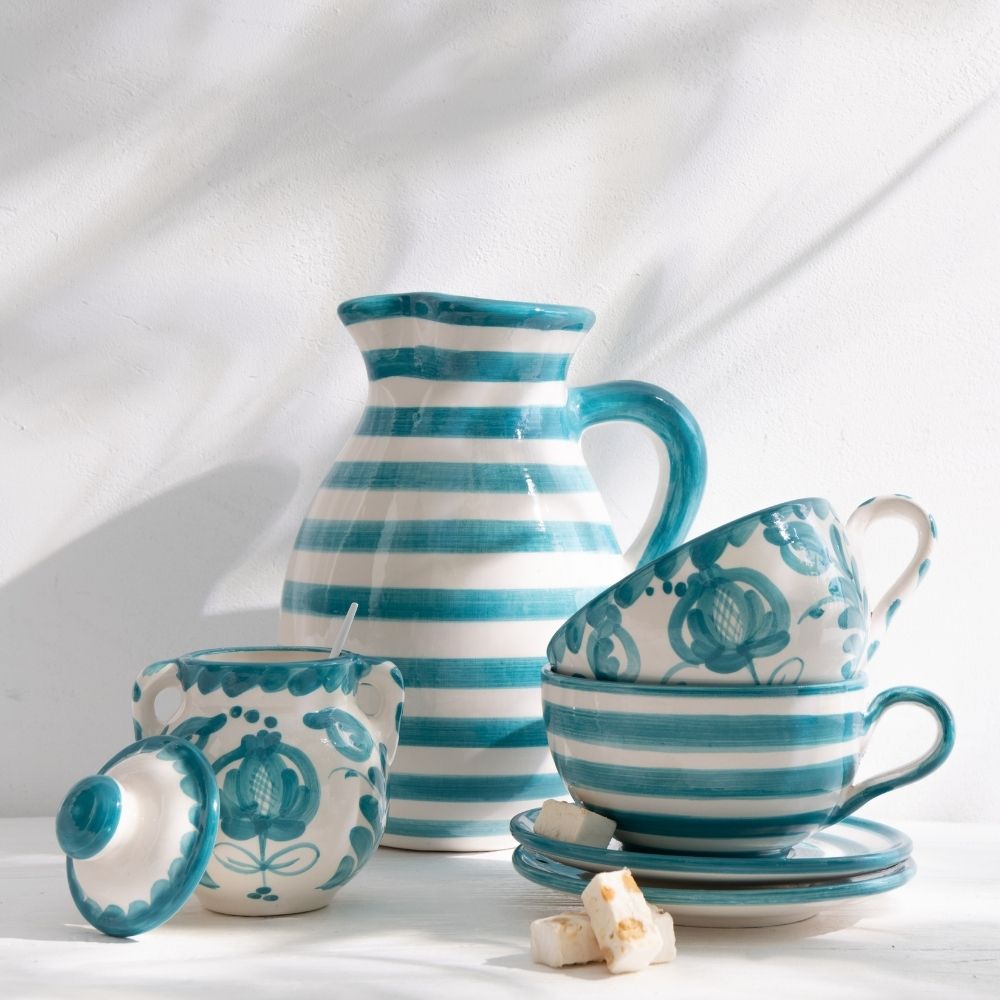 J-Line kopje + schoteltje Granada Stripes - keramiek - wit/aqua