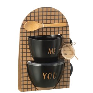 J-Line kop You & Me + lepel – keramiek – zwart – giftbox van 2 stuks