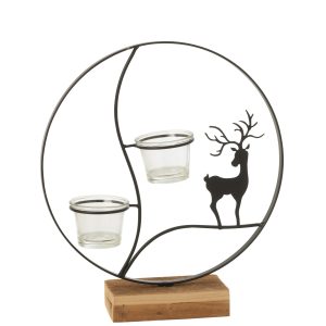 J-Line theelichthouder Rond – hout – zwart/naturel