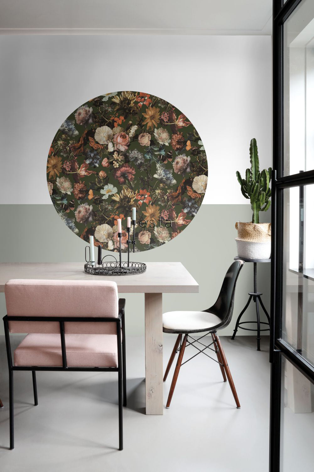 ESTAhome zelfklevende behangcirkel bloemen vergrijsd olijfgroen - Ø 14
