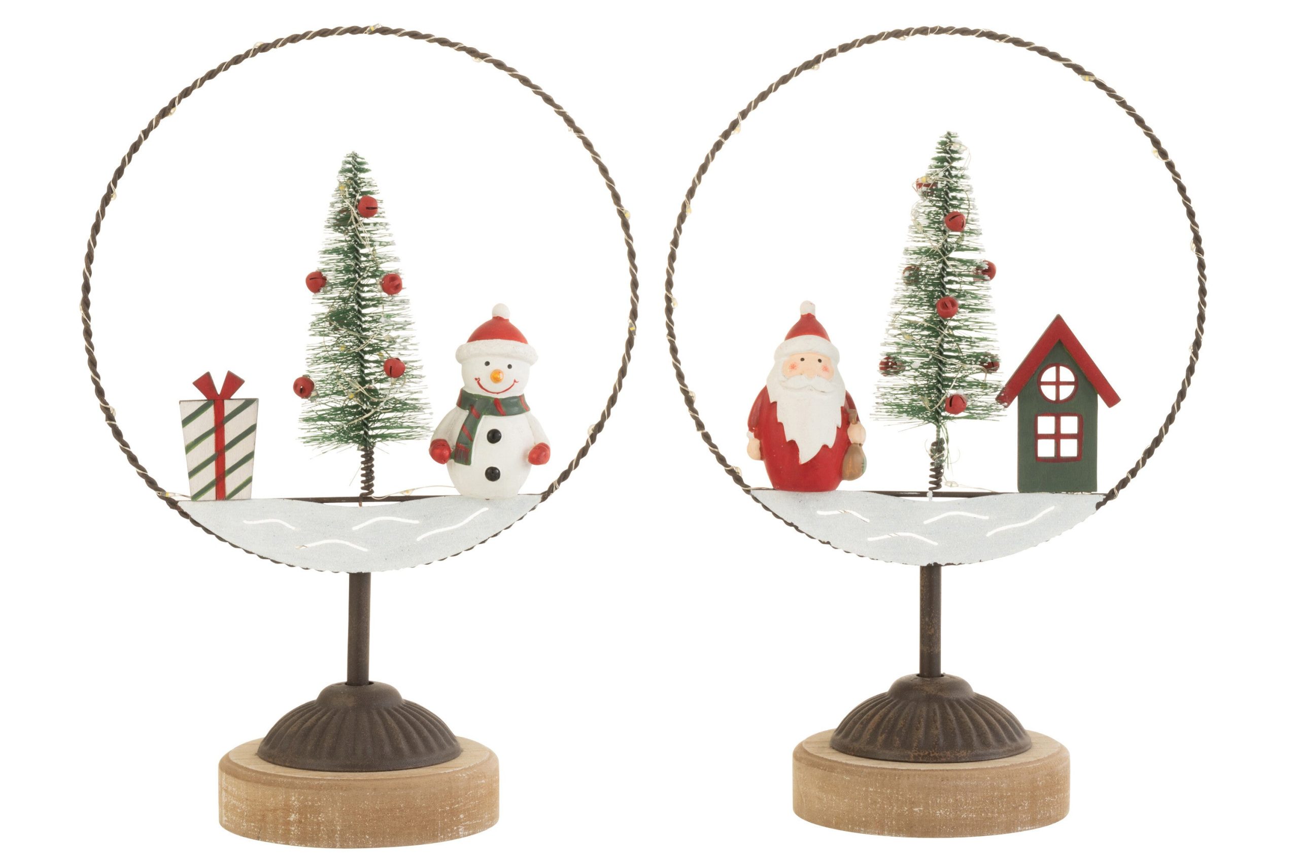 J-Line decoratie Cirkel Op Voet + Kerstman/Sneeuwman - hout/metaal - 2