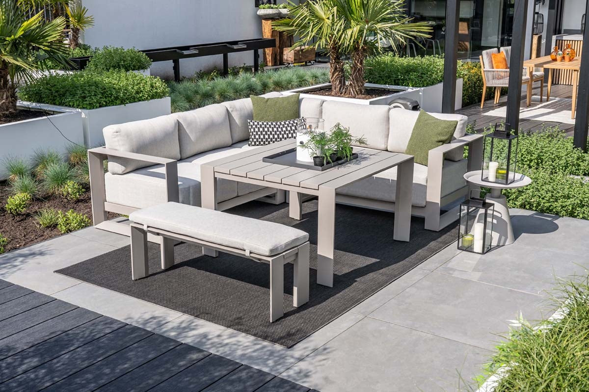 Lounge hoekbank Levanto - 7-persoons - taupe - hoge tafel - 3 delen