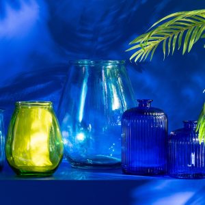 J-Line vaas Fles Stripe – glas – blauw – small – Ø 14.5 cm