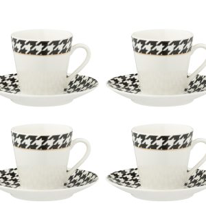J-Line koffietas + bord Pied-Poule – porselein – wit – doos van 4 J-Line koffietas + bord Pied-Poule – porselein – wit – doos van 4