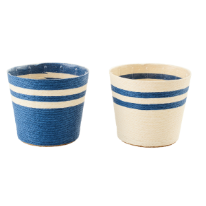 J-Line bloempot Gestreept – papier – wit/blauw – large – set van 2