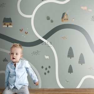 ESTAhome fotobehang tractoren en boerderijdieren vergrijsd groen – 200 ESTAhome fotobehang tractoren en boerderijdieren vergrijsd groen – 200