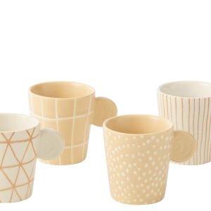 J-Line kopje Met Oor + Bamboubasis – keramiek – wit/creme – doos van 4