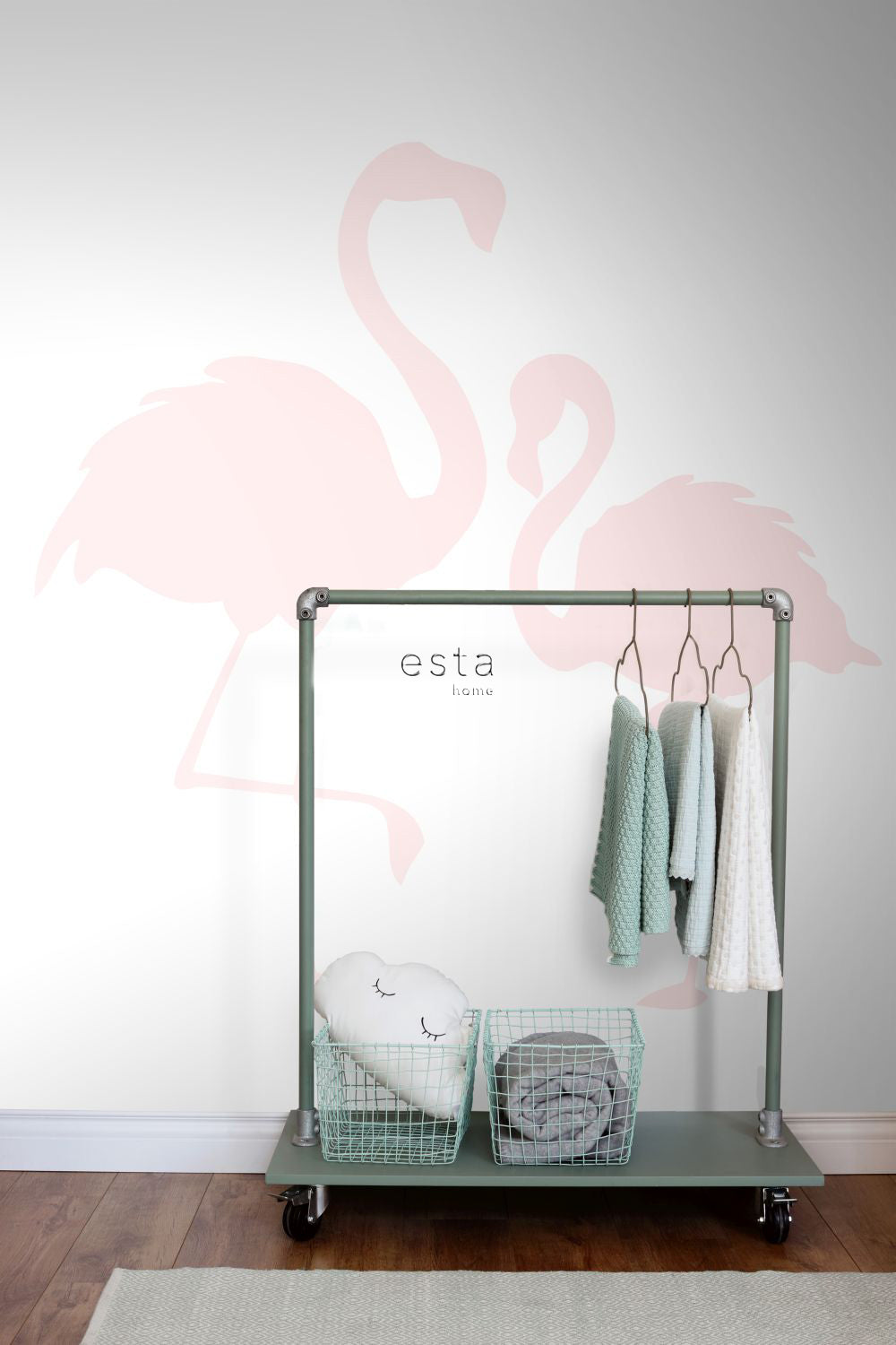 ESTAhome fotobehang flamingo's moeder en kind licht roze en wit - 186