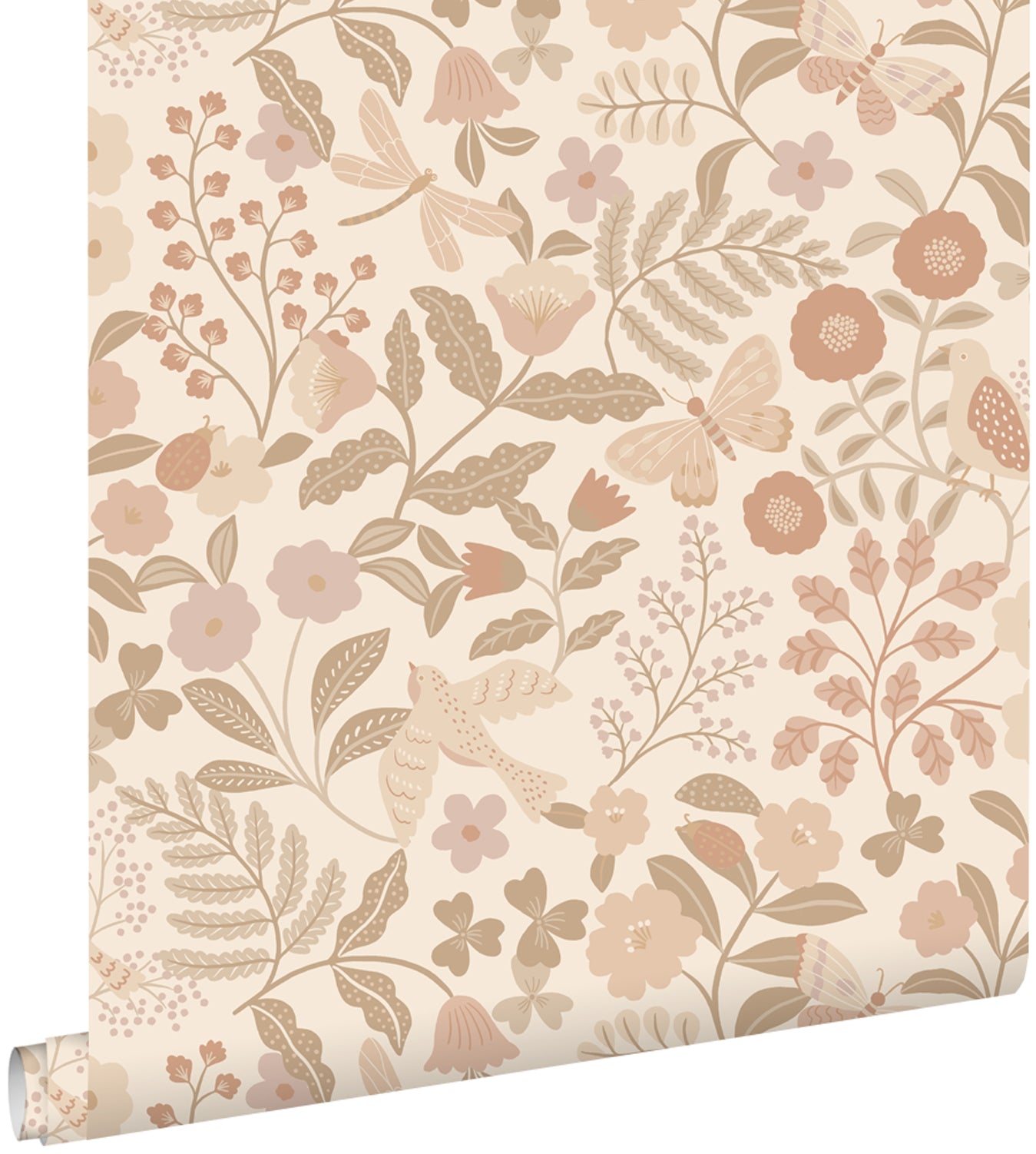 ESTAhome behang bloemen en vogels beige en zacht roze - 53 cm x 10.05