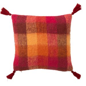 J-Line kussen Ruitjes + Kwastjes – textiel – oranje/bordeaux