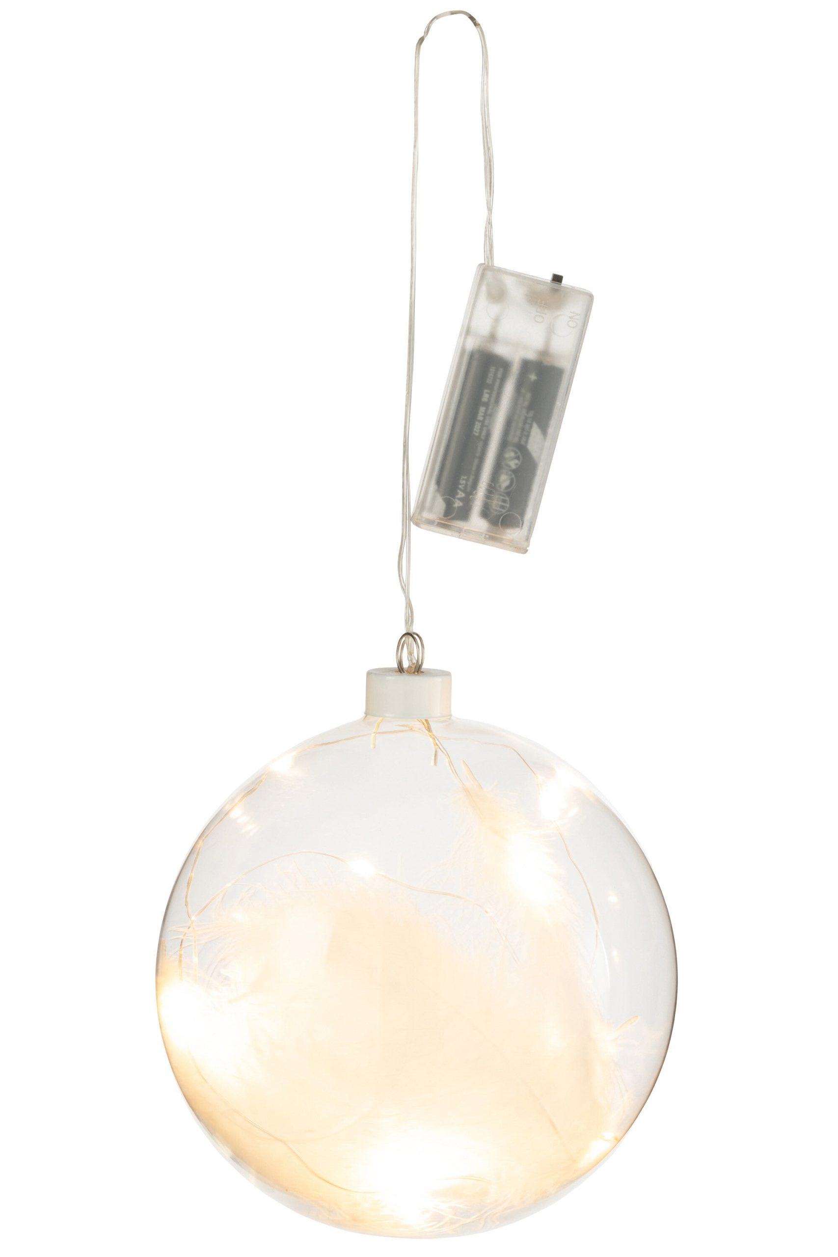 J-Line decoratie Bal Pluimen - glas - wit - large - 6 stuks - LED lich