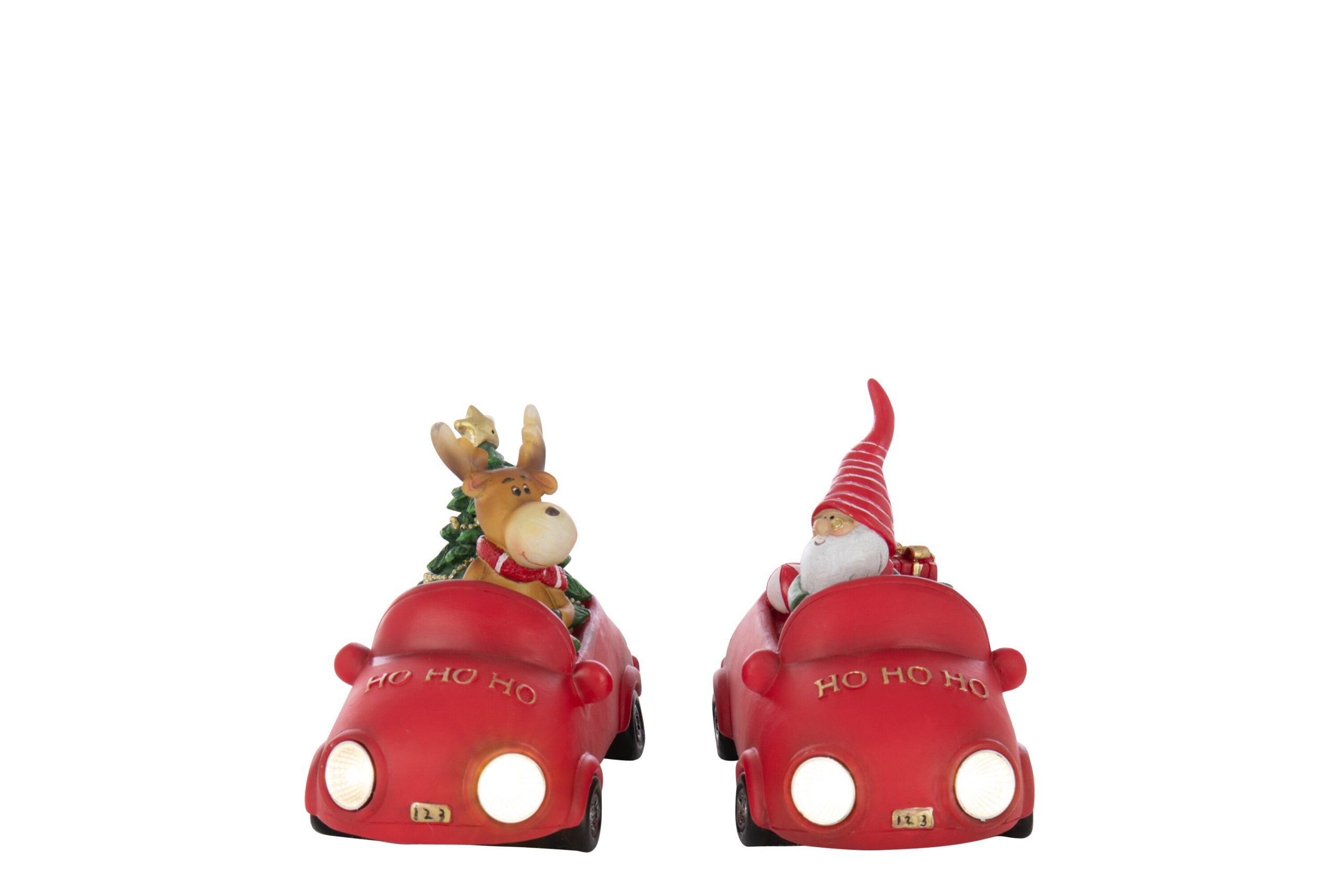 J-Line decoratie Kerstman + Rendier Auto - polyresin - mix - 2 stuks -