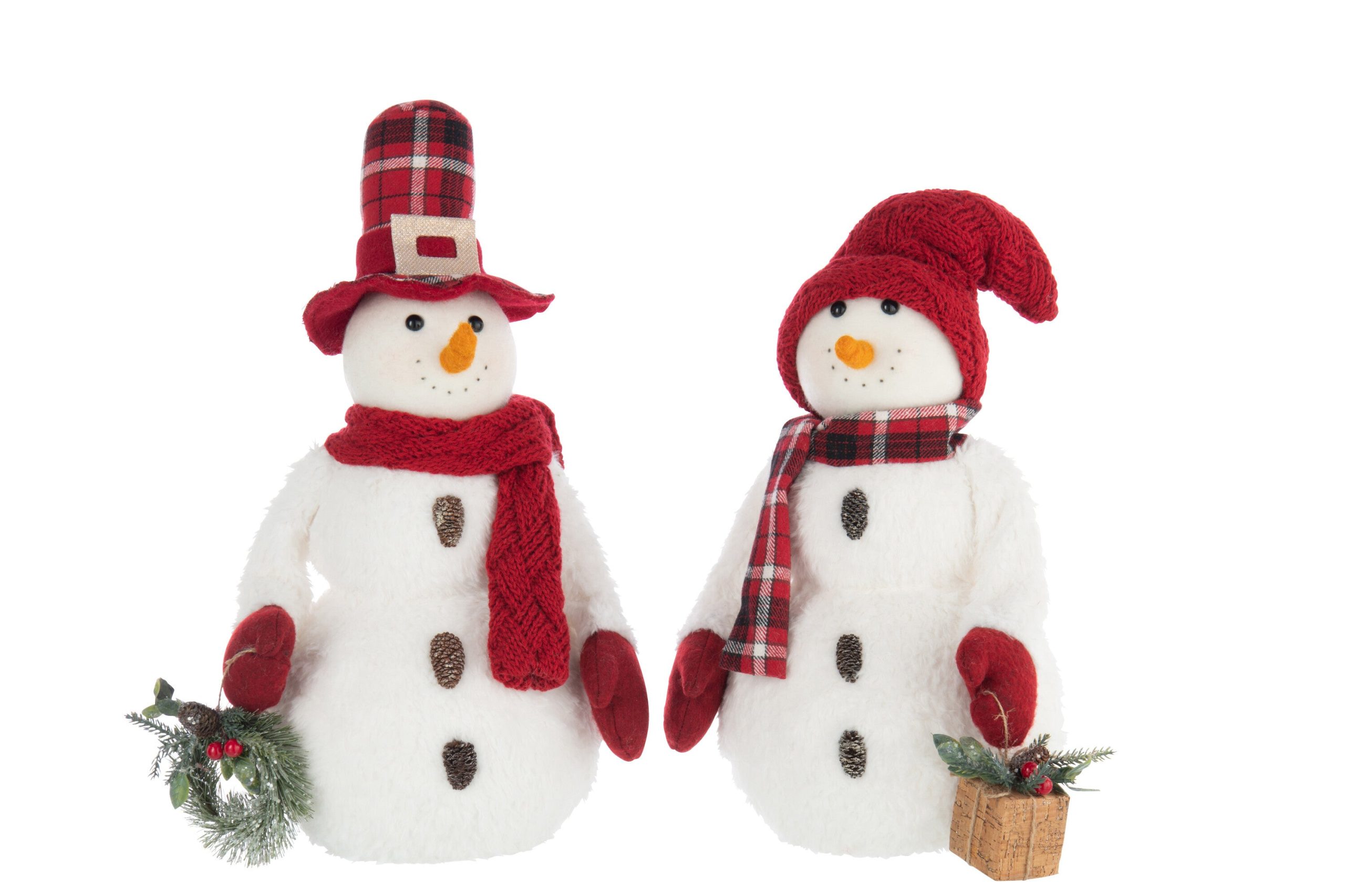 J-Line figuur Sneeuwman Jongen + Meisje - polyresin - wit/rood - 2 stu