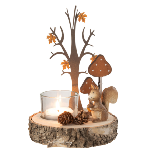 J-Line theelichthouder Eekhoorn/Boom – hout/metaal – naturel/oanje