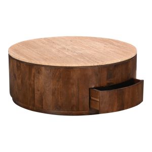 Giga Meubel Salontafel Elan Rond – Travertin – Walnoot – 90x90x35cm – Giga Meubel Salontafel Elan Rond – Travertin – Walnoot – 90x90x35cm –