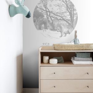 ESTAhome zelfklevende behangcirkel bos met bosdieren grijs – Ø 70 cm – ESTAhome zelfklevende behangcirkel bos met bosdieren grijs – Ø 70 cm –