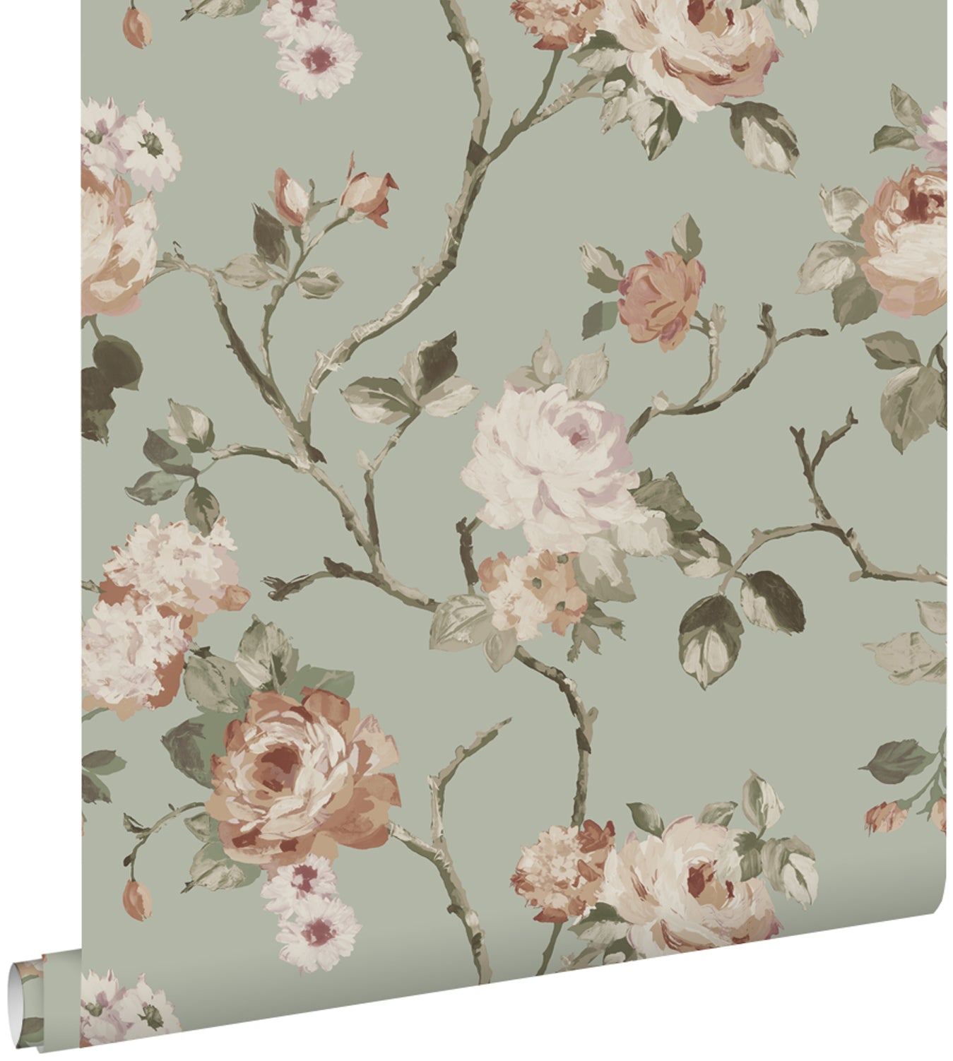 ESTAhome behang vintage bloemen vergrijsd mintgroen en zacht roze - 53