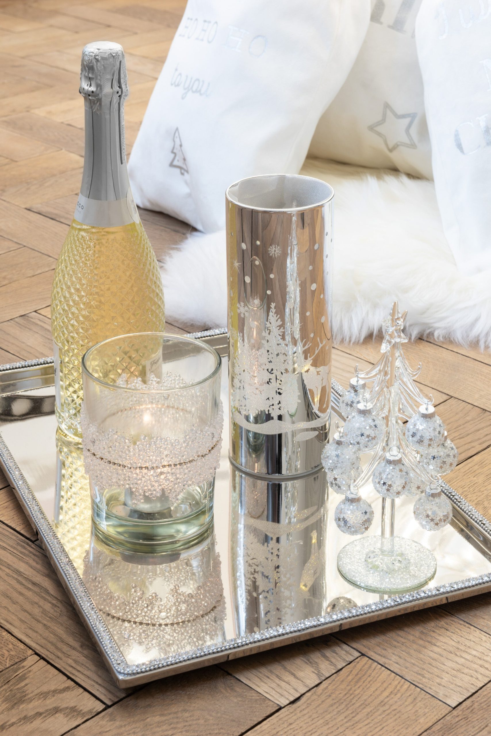 J-Line decoratie Boom met ballen Sterretjes - glas - zilver - small