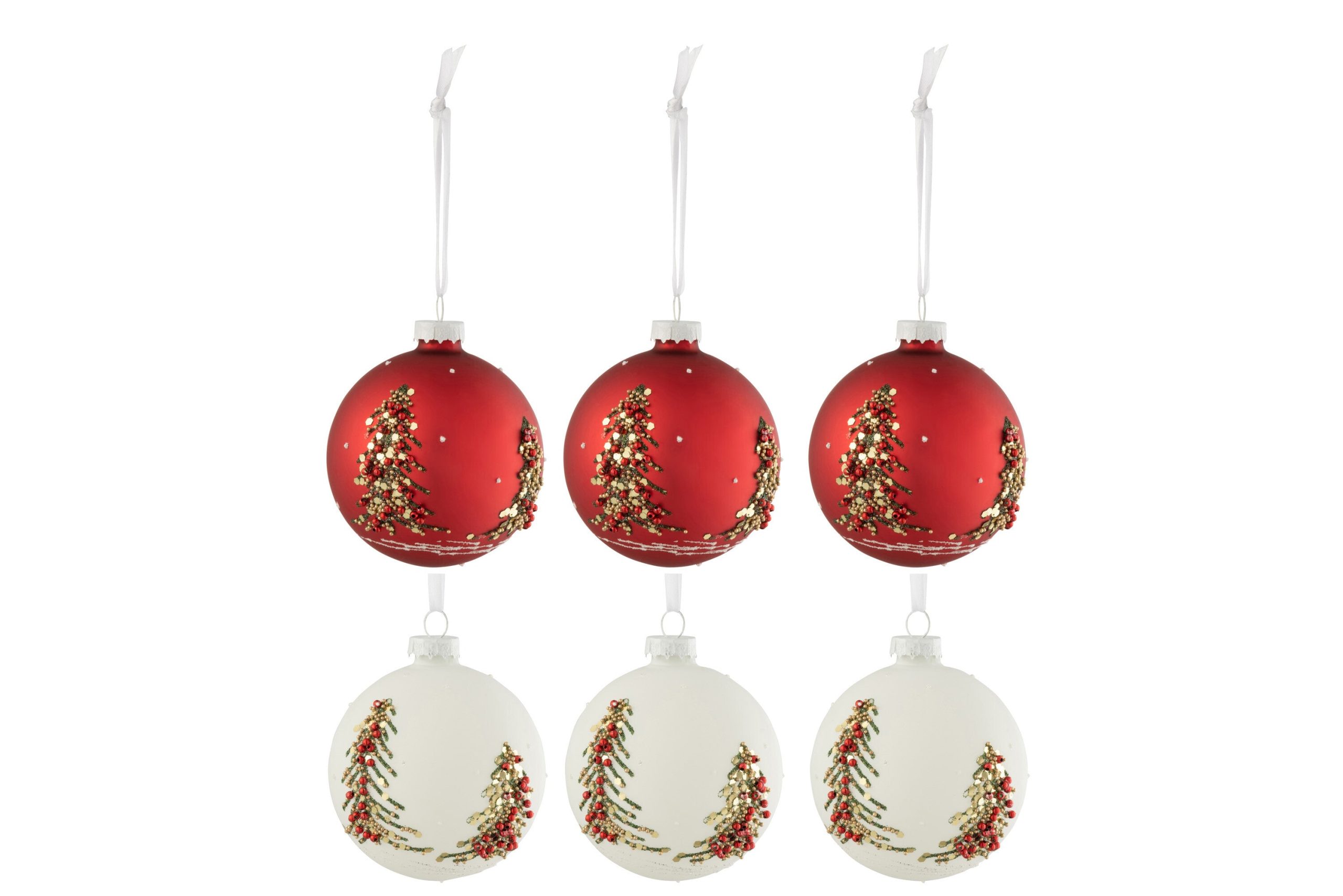J-Line kerstbal Kerstbomen Glitters - glas - wit/rood - small - doos v