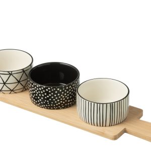 J-Line tapasplank 3 kommen + schaal – keramiek/hout – wit/zwart