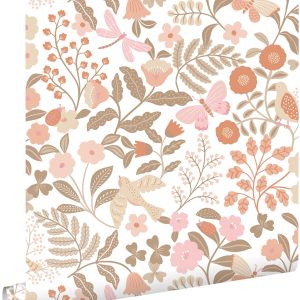 ESTAhome behang bloemen en vogels terracotta, taupe en roze – 53 cm x ESTAhome behang bloemen en vogels terracotta, taupe en roze – 53 cm x