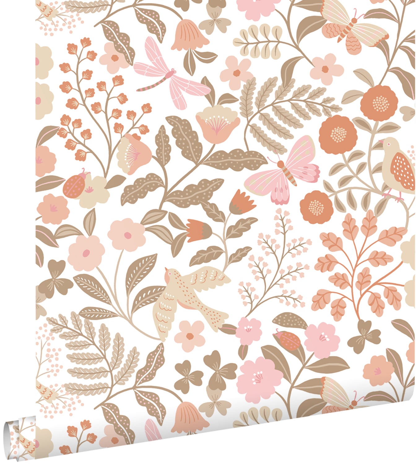 ESTAhome behang bloemen en vogels terracotta, taupe en roze - 53 cm x