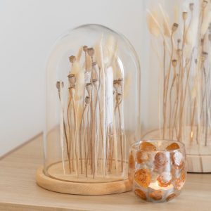 J-Line Decoratieve stolp Droogbloemen – glas/hout – ecru/bruin – large