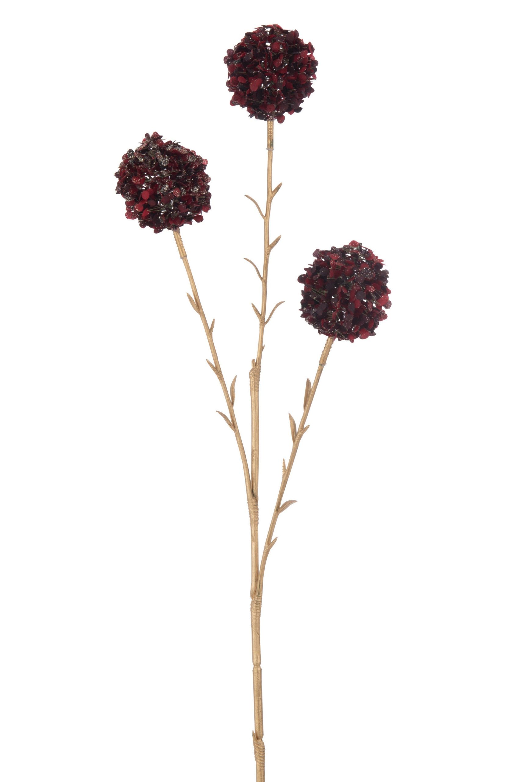 J-Line decoratie Tak 3 Bloemen Pompons - kunststof - rood/goud - large