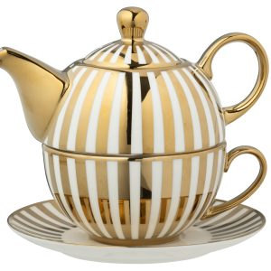 J-Line theepot Gestreept – porselein – goud/wit