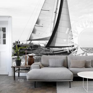 ESTAhome fotobehang zeilboot zwart en wit – 372 x 270 cm – 156433 ESTAhome fotobehang zeilboot zwart en wit – 372 x 270 cm – 156433