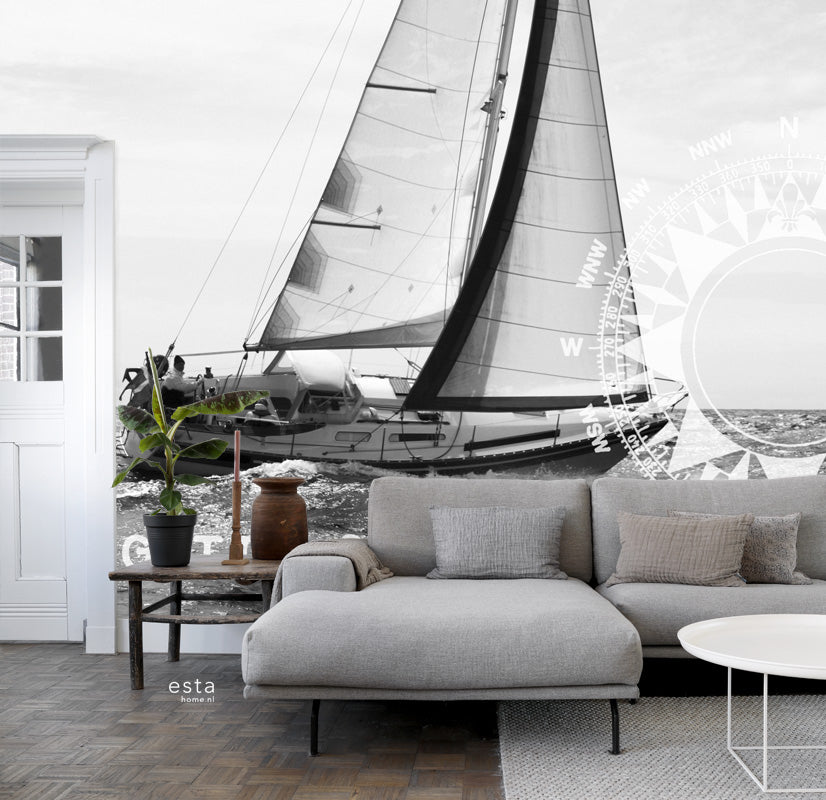 ESTAhome fotobehang zeilboot zwart en wit - 372 x 270 cm - 156433