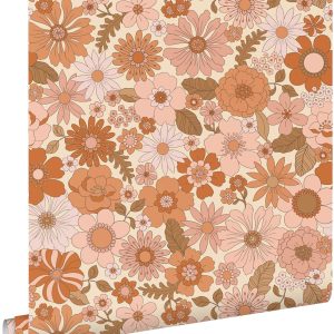 ESTAhome behang retro bloemen terracotta roze en oranje – 53 cm x 10.0