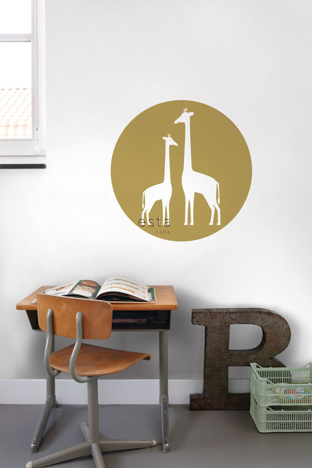 ESTAhome zelfklevende behangcirkel giraffen okergeel en wit - Ø 70 cm