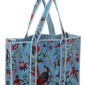 J-Line tas Vogels/Bloemen – katoen/fluweel – blauw