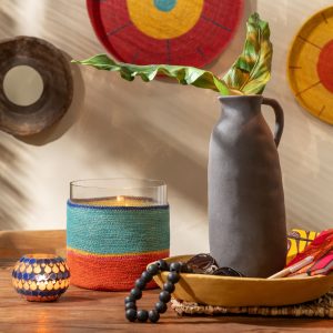 J-Line kaarshouder Rond + Strepen – glas – blauw/oranje