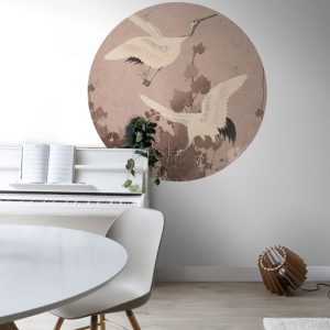 ESTAhome zelfklevende behangcirkel kraanvogels grijs roze – Ø 140 cm –