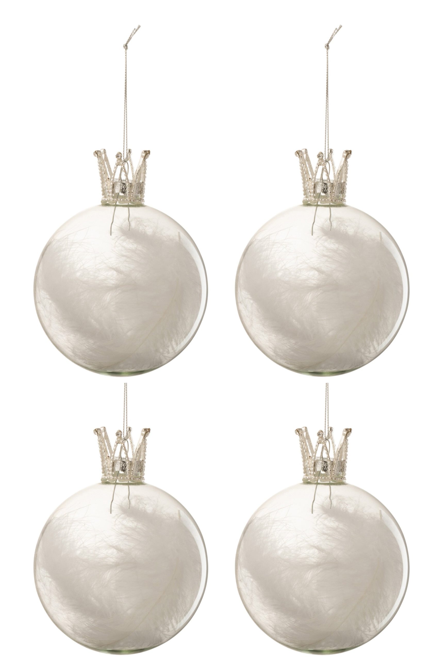 J-Line kerstbal Kroon Pluim - glas - tansparant/wit - medium - doos va
