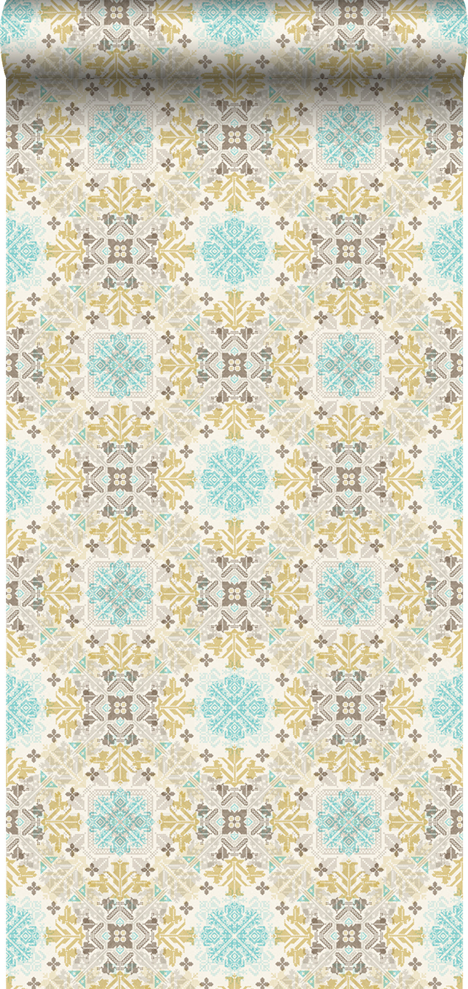 ESTAhome XXL behang folkloristisch borduurwerk beige en turquoise - 50