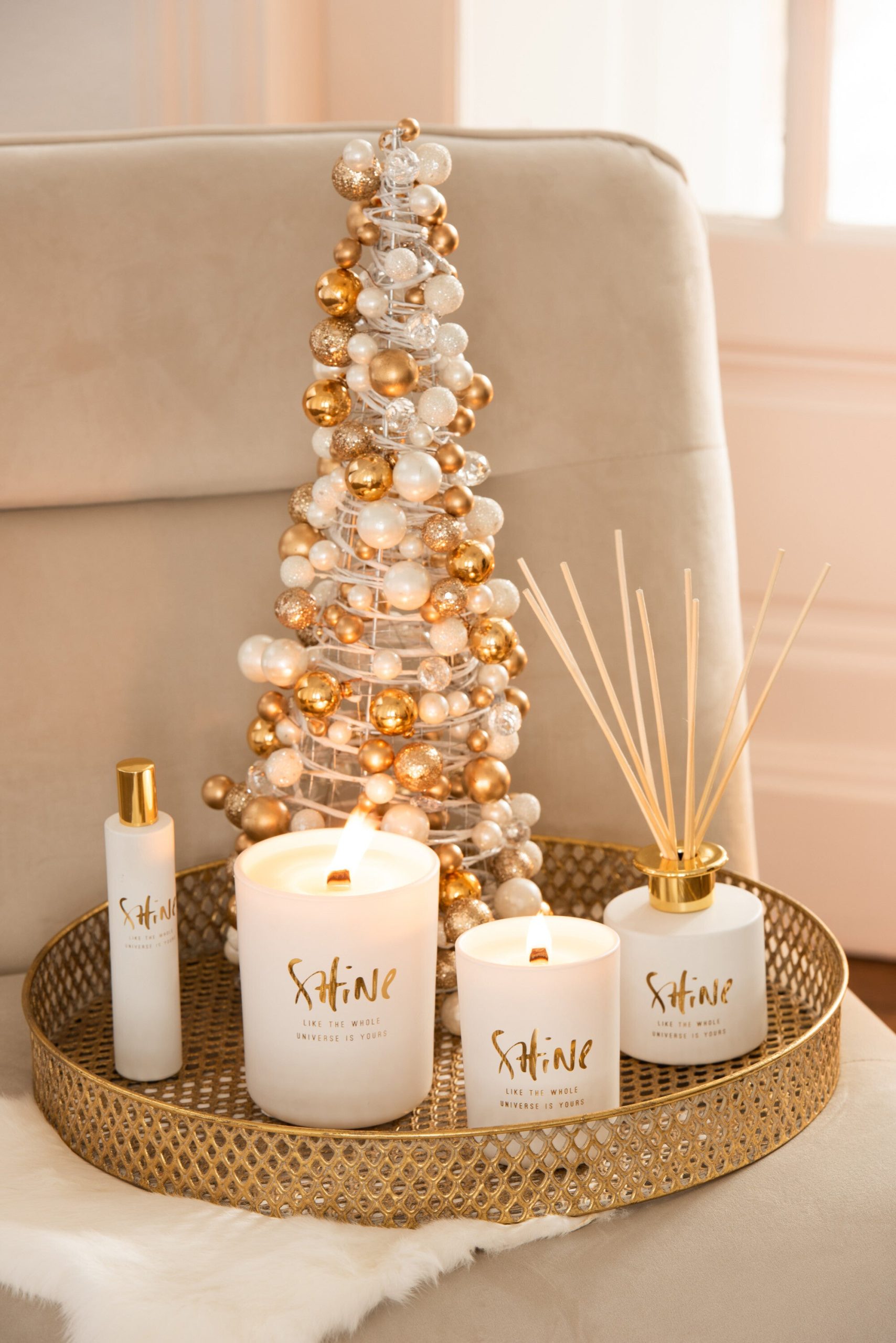 J-Line decoratie Kegel Mini kerstballen - kunststof - ecru/goud - smal